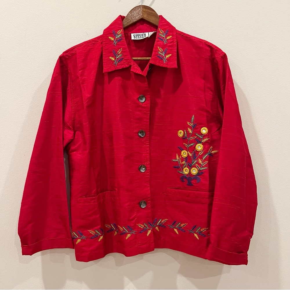 Vintage Chicos Jacket Size 1 Medium Red Silk Asian Embroidered Lightweight Artsy